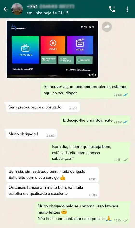 Reseña de cliente por WhatsApp sobre IPTV Fútbol España