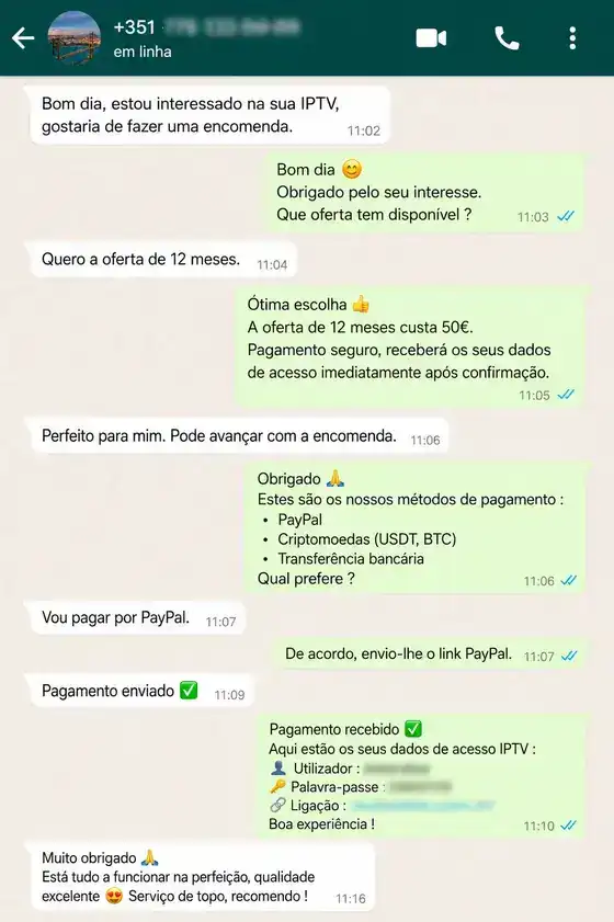 Reseña de cliente por WhatsApp sobre IPTV Fútbol España