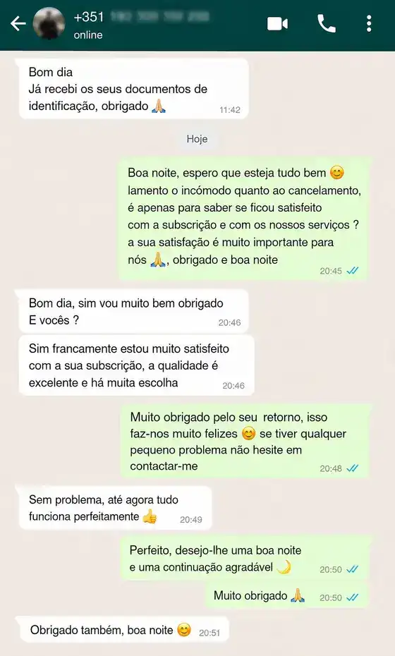 Reseña de cliente por WhatsApp sobre IPTV Fútbol España